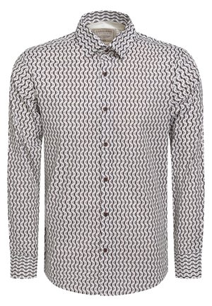 Męska koszula na długi rękaw z guzikami, z czarno-białym wzorem fal i brązowymi guzikami, widoczny kołnierzyk.
