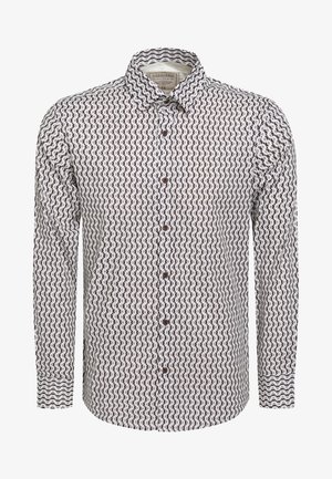 Chemise homme à manches longues avec motif de vagues noir et blanc et boutons marron, col visible.