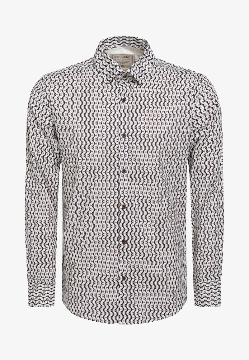 Chemise homme à manches longues avec motif de vagues noir et blanc et boutons marron, col visible.