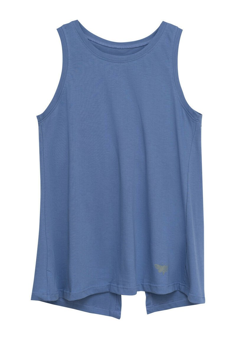 Beżowy bezrękawnik w kolorze niebieskim z okrągłym dekoltem i małym logo pszczoły blisko dolnego hemu, luźny krój z nieco dłuższym tyłem.
