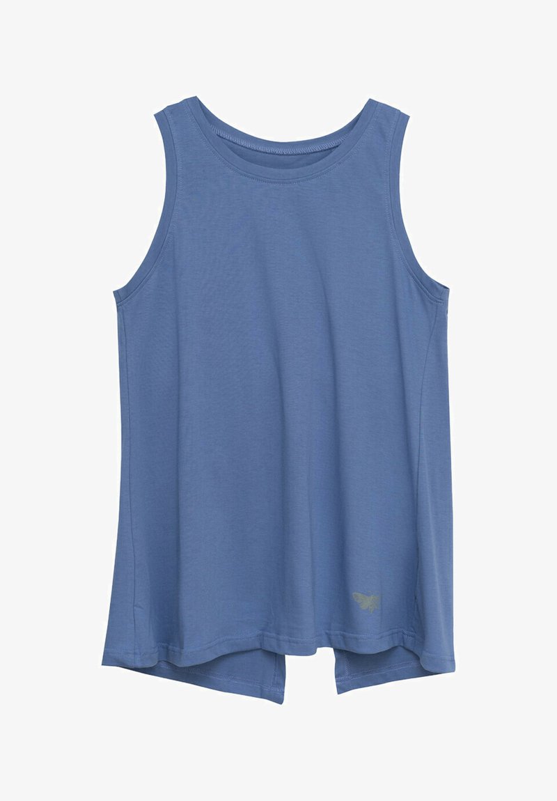 Beżowy bezrękawnik w kolorze niebieskim z okrągłym dekoltem i małym logo pszczoły blisko dolnego hemu, luźny krój z nieco dłuższym tyłem.