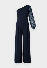 Navy jumpsuit with one shoulder, featuring a long lace sleeve. The design includes wide legs and pleats at the front for added texture.