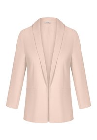 Svetle růžový dámský blazer s otevřeným předním dílem, dlouhými rukávy, klopovým límcem a dvěma předními kapsami na klopy.