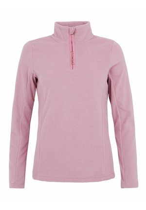 Sudadera de polar en rosa claro con un cuello alto, media cremallera y un sutil logo en el pecho. Textura suave y mangas largas.