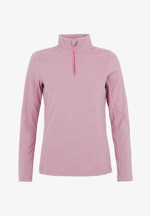 Fleece pullover in lichtroze met een hoge kraag, halve rits en subtiele branding op de borst. Soepele textuur en lange mouwen.
