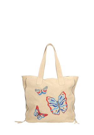 Sac en toile beige avec broderie de papillons colorés ; dispose de poignées solides et d'un zip sur un côté.