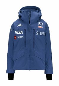 Giacca impermeabile blu con cappuccio, dotata di tasche con zip, polsini elasticizzati e loghi di Visa, Toyota e Stifel ben visibili.