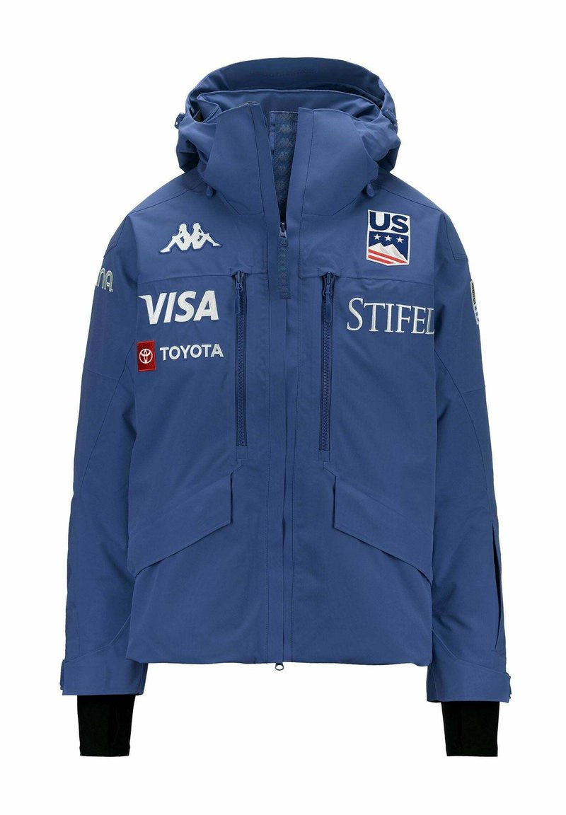 Giacca impermeabile blu con cappuccio, dotata di tasche con zip, polsini elasticizzati e loghi di Visa, Toyota e Stifel ben visibili.