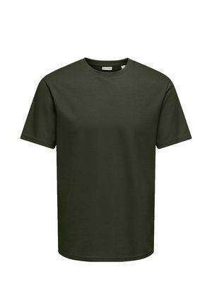 T-shirt vert foncé à manches courtes avec col rond, devant uni et petite étiquette visible à l'intérieur de l'encolure.