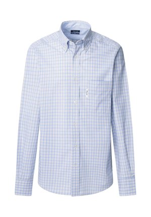 Camicia a maniche lunghe con bottoni in un motivo a quadretti blu chiaro e bianco, materiale in cotone, con tasca sul lato sinistro del petto e colletto a bottoni.
