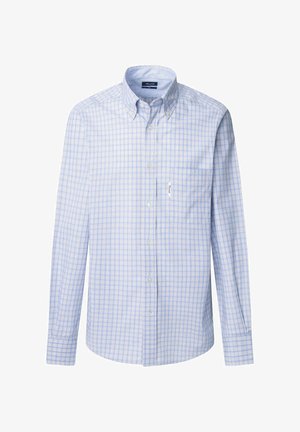 Camicia a maniche lunghe con bottoni in un motivo a quadretti blu chiaro e bianco, materiale in cotone, con tasca sul lato sinistro del petto e colletto a bottoni.