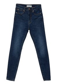 Jeans ajustados de denim azul oscuro, con una cintura alta, cinco bolsillos y costuras en contraste a lo largo de las costuras.