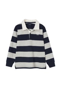 Langärmliges Poloshirt mit horizontalen Streifen in Marineblau und Grau. Hat einen beigefarbenen Kragen und einen Reißverschluss in Viertellänge.