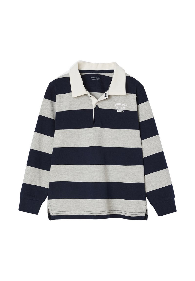 Langärmliges Poloshirt mit horizontalen Streifen in Marineblau und Grau. Hat einen beigefarbenen Kragen und einen Reißverschluss in Viertellänge.
