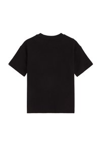 Svart bomull T-shirt med kort ärm och rundad halsringning. Tyget har en slät textur utan synliga logotyper eller mönster.