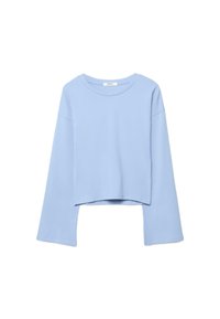 Top corto a maniche lunghe azzurro chiaro, con scollo arrotondato e vestibilità ampia. Realizzato con un tessuto liscio e leggero.