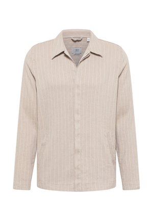 Beige, long-sleeve shirt with vertical white stripes, collared design, buttoned front, and side pockets. Soft fabric texture.