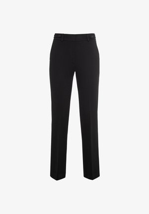 Pantalons tailleur noirs avec une coupe droite, présentant une texture lisse, des passants de ceinture et une double fermeture à bouton au niveau de la taille.