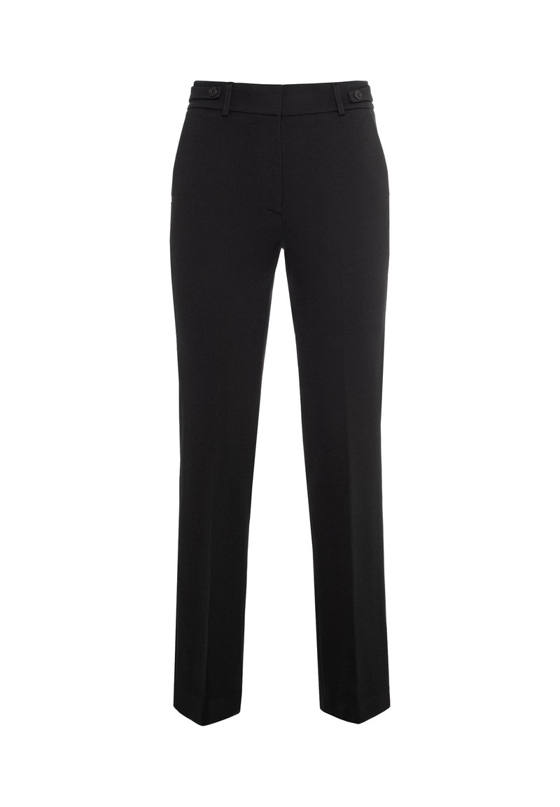 Pantaloni neri sartoriali con design a gamba dritta, caratterizzati da una texture liscia, passanti per cintura e chiusura a doppio bottone in vita.