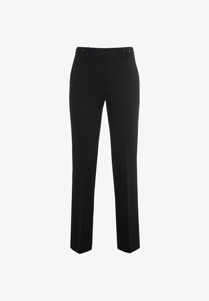 Pantaloni neri sartoriali con design a gamba dritta, caratterizzati da una texture liscia, passanti per cintura e chiusura a doppio bottone in vita.