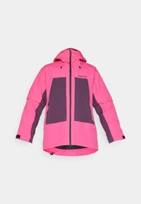 Giacca impermeabile rosa brillante con pannelli viola, cappuccio, chiusura frontale con zip e polsini regolabili; presenta un design elegante e funzionale.