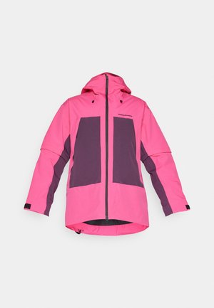 Helle pinke wasserdichte Jacke mit lila Einsätzen, Kapuze, Frontreißverschluss und verstellbaren Manschetten; verfügt über ein elegantes, funktionales Design.