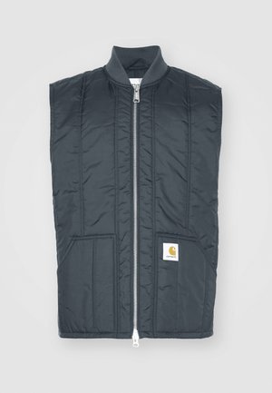Dunkelgrå ermeløs vest med full glidelås, to frontlommer, horisontale sømmer og et lite logo merket på venstre side.