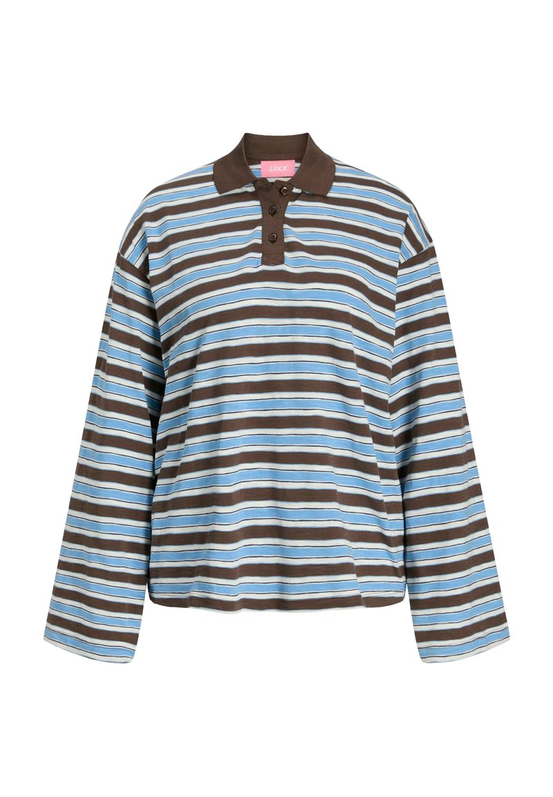Striped long-sleeve polo shirt in light blue and brown. Features a brown collar, three-button placket, and relaxed fit. Cotton material.