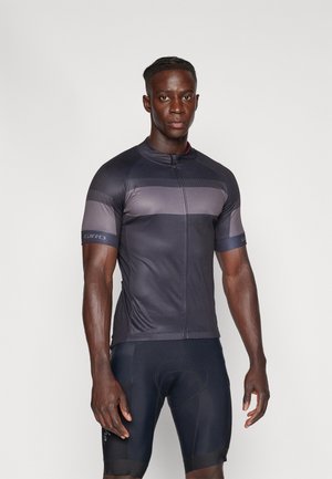 Maillot de cyclisme à manches courtes en gris foncé avec de subtiles rayures horizontales, fabriqué dans un tissu léger et extensible. Il dispose d'une fermeture éclair devant et d'un logo de la marque.