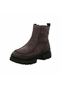 Graue Wildleder-Stiefeletten mit runder Zehenform, dicker schwarzer Gummisohle und einzigartigem Überklapp-Design. Schwarzer Reißverschluss-Akzent an der Seite.