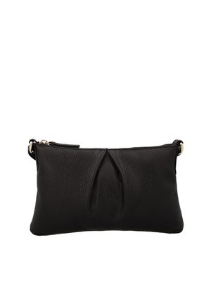 Schwarze Leder-Clutch mit Reißverschluss und kleinem Faltendetail vorne in der Mitte, mit schmalem Handgelenksriemen an jedem Ende.