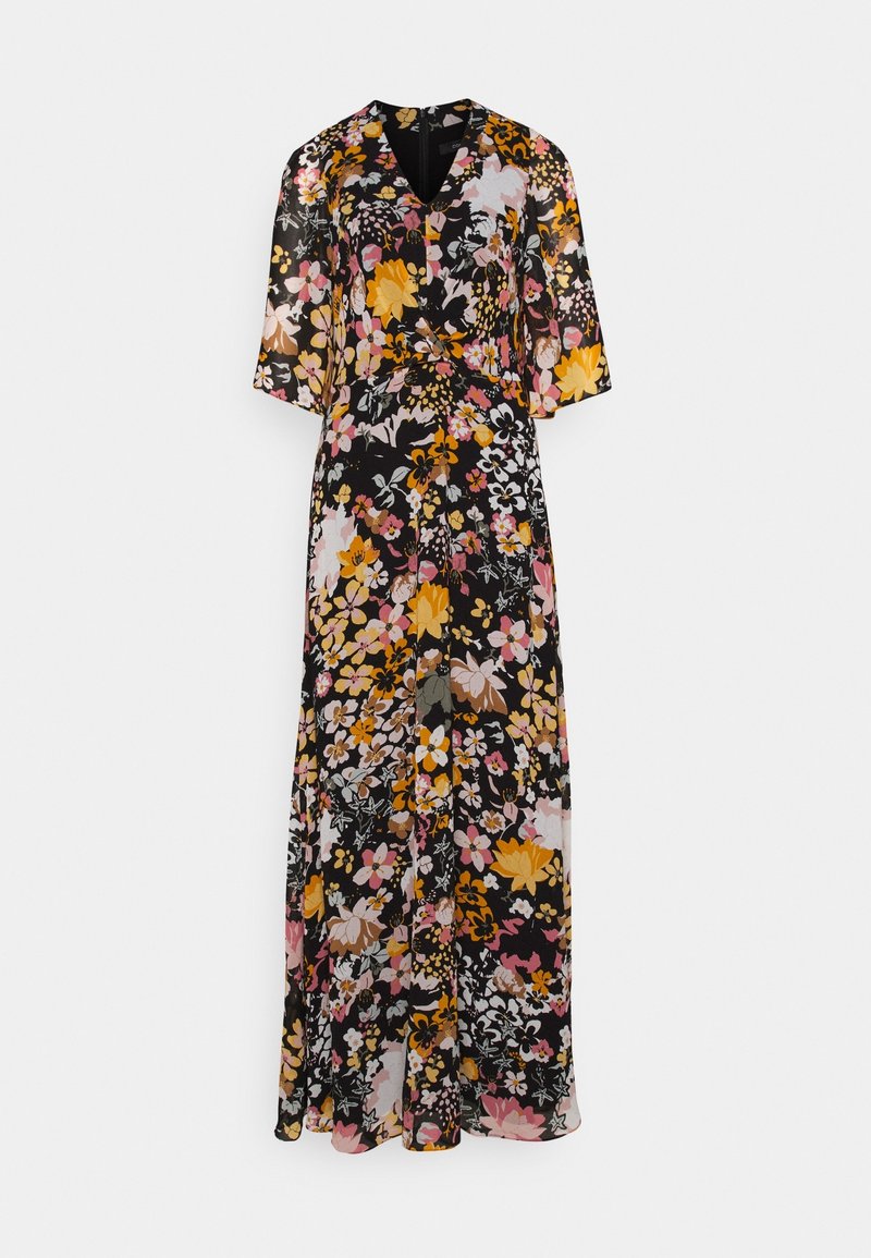 Robe maxi noire avec imprimé floral rose, jaune et blanc, décolleté en V, manches mi-longues, et tissu fluide légèrement transparent.