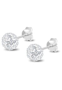 Orecchini a perno in argento con design sferico, decorati con molteplici cristalli trasparenti e scintillanti per un aspetto testurizzato e sfaccettato.