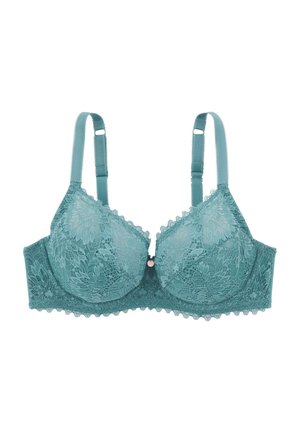 Soutien-gorge en dentelle teal avec un motif floral, bonnets rembourrés et bordures festonnées. Bretelles ajustables et un petit accent décoratif au centre devant.