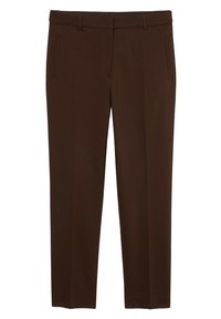 Bruna byxor med rak passform. Har två sidofickor och bälteshällor. Tillverkade av ett slätt tyg med en lätt lyster.