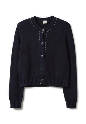 Marineblauer Strickcardigan mit rundem Ausschnitt, sechs Knöpfen, gerippten Bündchen und Saum sowie kontrastierender weißer Naht entlang der Knopfleiste.