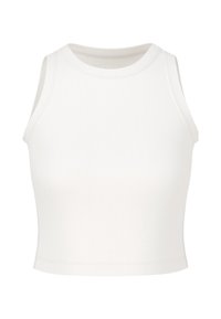 White cropped tank top with a fitted design, made of ribbed fabric. Features a round neckline and wide armholes. Smooth texture.