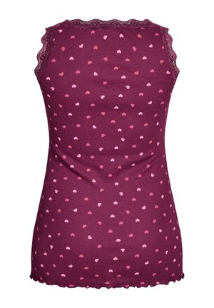 Bordo bezdarņa topiņš ar ribotu tekstūru, ar izkaisītu sirds rakstu rozā toņos un viļņotu mežģīņu apdari ap kaklu.