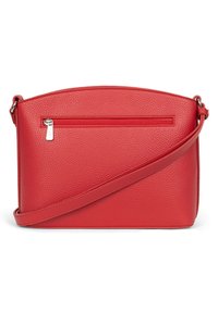Borsa a tracolla rossa in pelle con superficie texture, parte superiore curva e tasca esterna con zip. Tracolla regolabile per un facile trasporto.