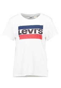 Camiseta de algodón blanca con un escote redondo que presenta un logo central de Levi's en azul y rojo con letras negras en negrita. Mangas cortas, corte relajado.