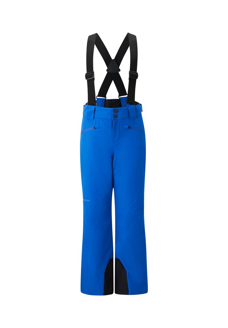 Pantalons de ski bleus avec bretelles noires ajustables, deux poches avant, accents zippés et détails de bas renforcés en noir. Matériau imperméable.