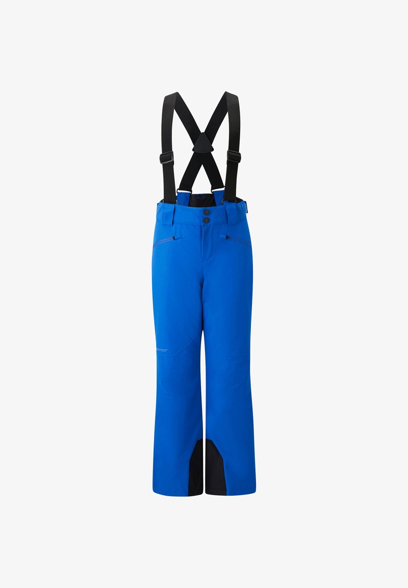 Blaue Skihosen mit verstellbaren schwarzen Trägern, zwei frontalen Taschen, Reißverschlussakzenten und verstärkten schwarzen Saumdetails. Wasserabweisendes Material.