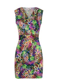 Kwiecista letnia sukienka z dekoltem w serek, krótkimi rękawami, dopasowaną talią oraz żywymi wzorami liści w kolorach zielonym, różowym i fioletowym na niebieskim tle.
