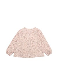 Helles rosa Bluse mit langen Ärmeln, floralem Muster in Weiß und Rost, runder Ausschnitt und geraffte Details an den Schultern.