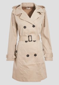 Beige double-breasted trench coat with black buttons, belted waist, side pockets, cuff straps, and a hood with drawstrings.