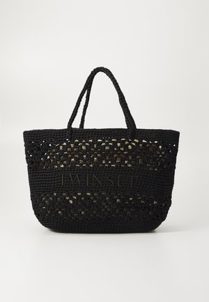 Black woven tote bag with two handles, featuring an open pattern and embossed "TWINESET" logo on the front, made from textured material.