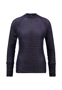 Maglia a maniche lunghe di colore navy con texture a coste e leggera lucentezza. Presenta un colletto alto e dettagli decorativi intricati lungo le maniche.