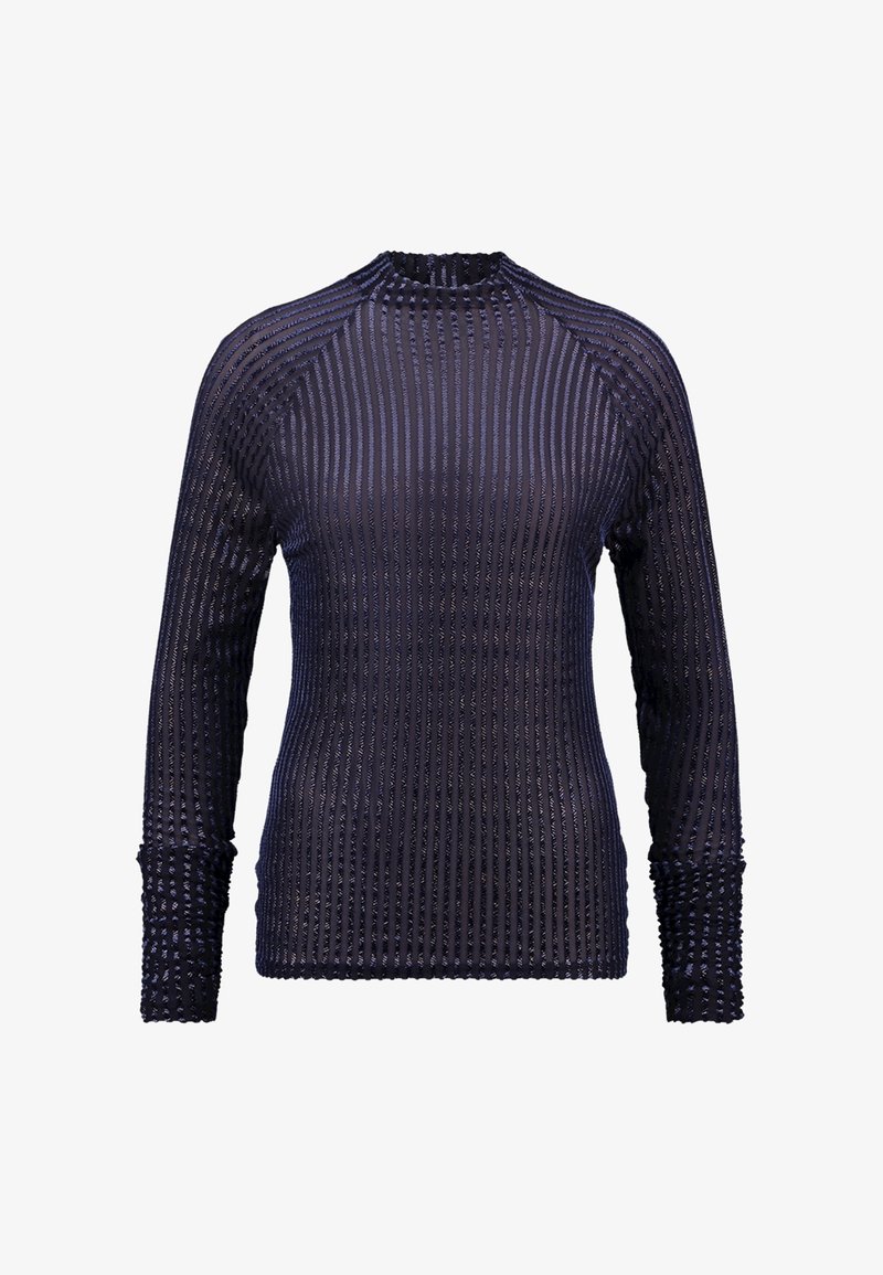 Maglia a maniche lunghe di colore navy con texture a coste e leggera lucentezza. Presenta un colletto alto e dettagli decorativi intricati lungo le maniche.
