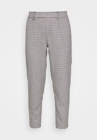 Pantalon à carreaux avec une coupe slim. Présente un petit motif à carreaux noir et blanc, un tissu lisse et des passants de ceinture à la taille.