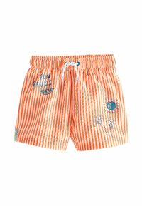 Shorts de bain rayés orange et blanc avec une taille élastique, un cordon de serrage et des motifs brodés de soleil et de palmier.